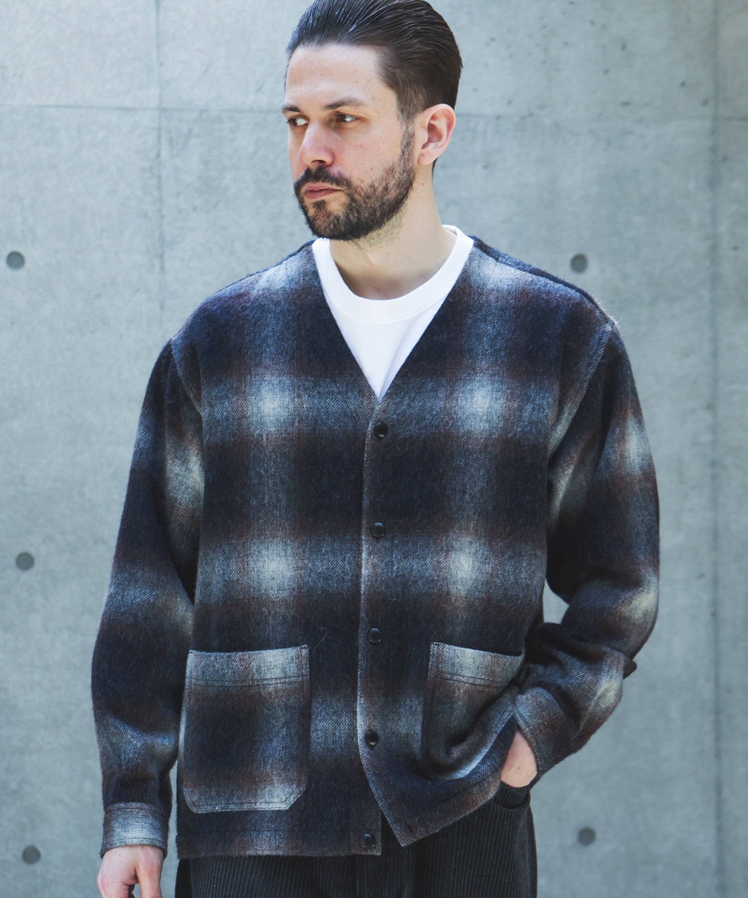 【予約商品】ALPACA SHAGGY OMBRE CHECK / SHIRT CARDIGAN /M263117