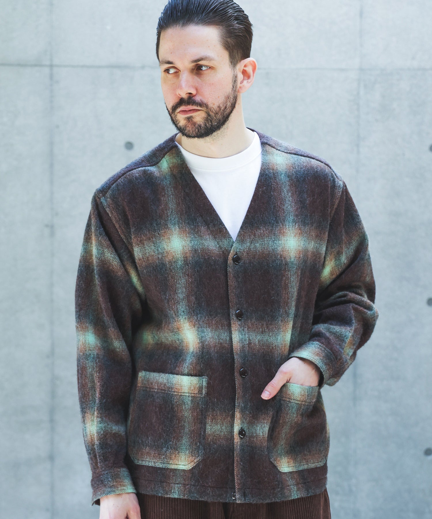【予約商品】ALPACA SHAGGY OMBRE CHECK / SHIRT CARDIGAN /M263117