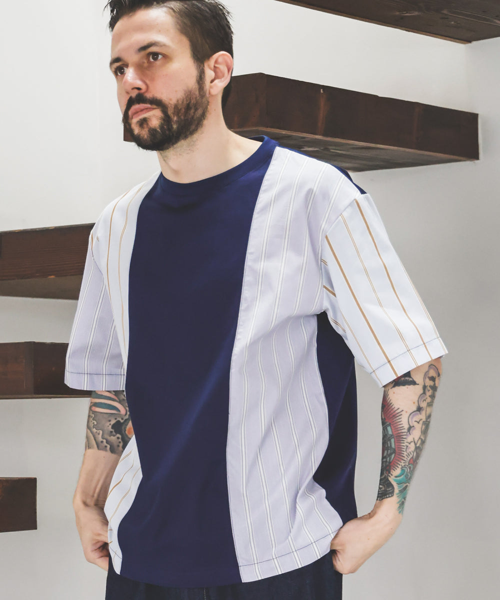 MIX MATERIAL / MULTI STRIPE HYBRID T-SHIRT