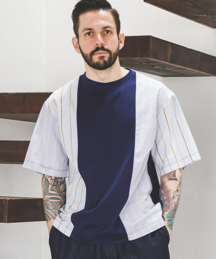 MIX MATERIAL / MULTI STRIPE HYBRID T-SHIRT