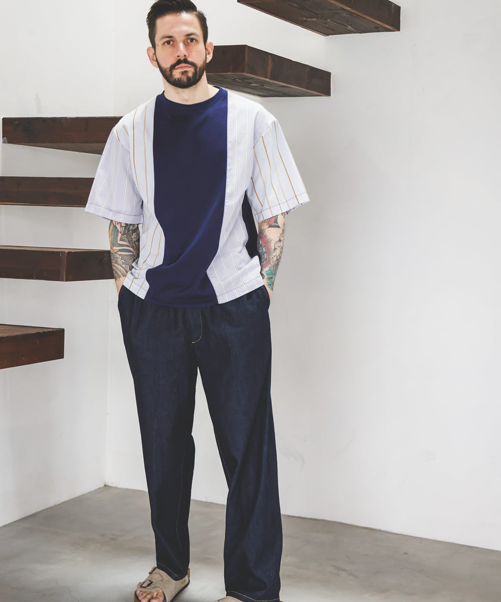 MIX MATERIAL / MULTI STRIPE HYBRID T-SHIRT