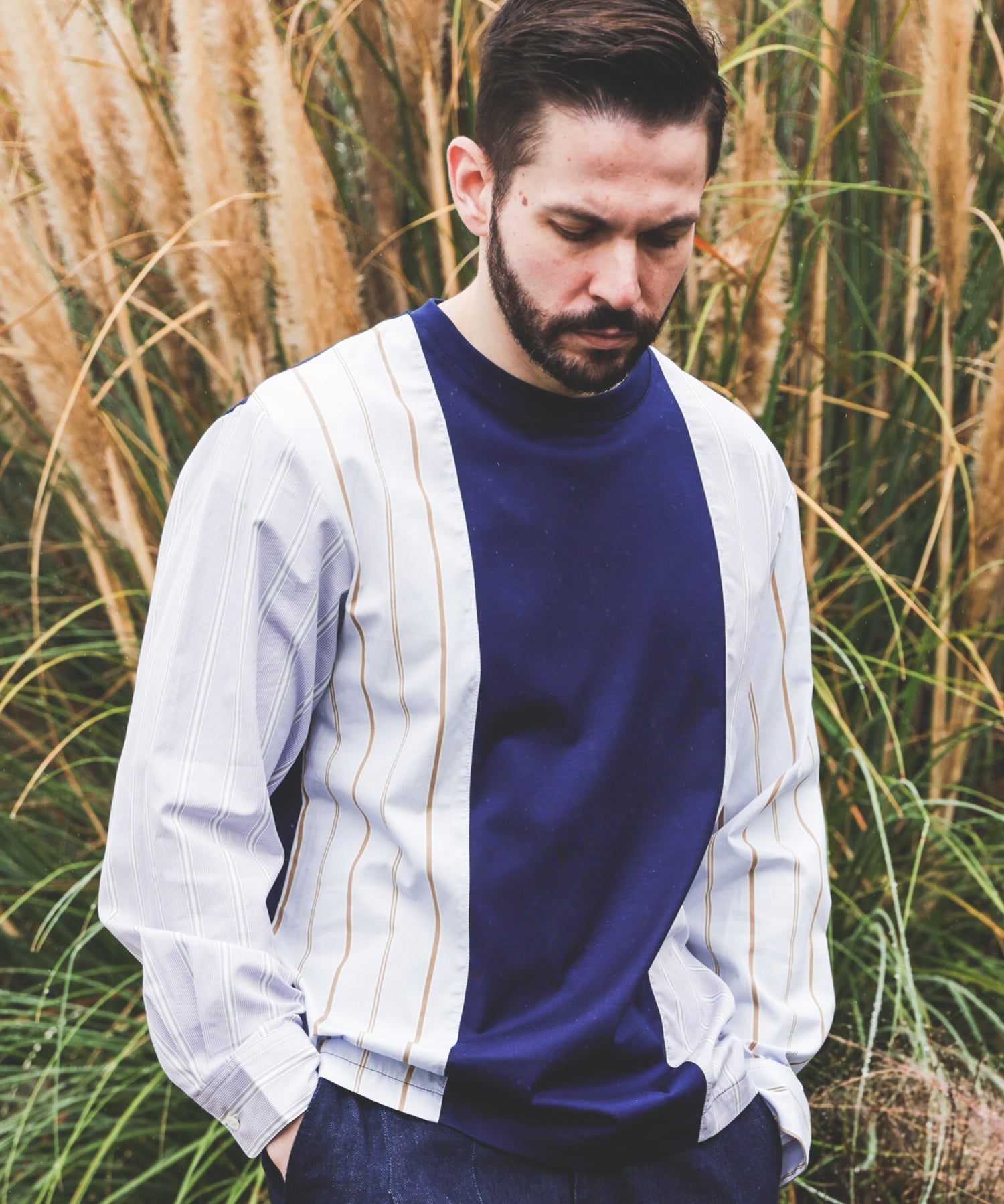 MIX MATERIAL / MULTI STRIPE HYBRID SHIRT