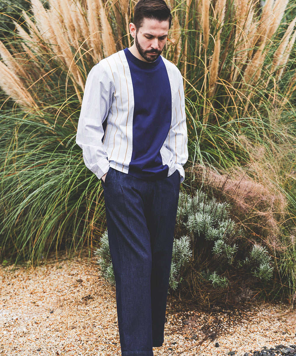 MIX MATERIAL / MULTI STRIPE HYBRID SHIRT