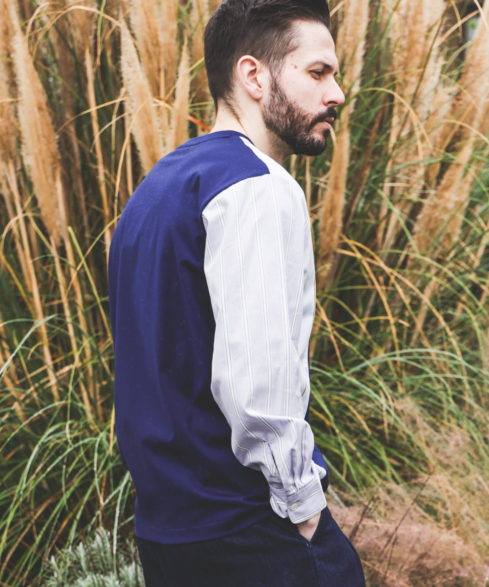 MIX MATERIAL / MULTI STRIPE HYBRID SHIRT