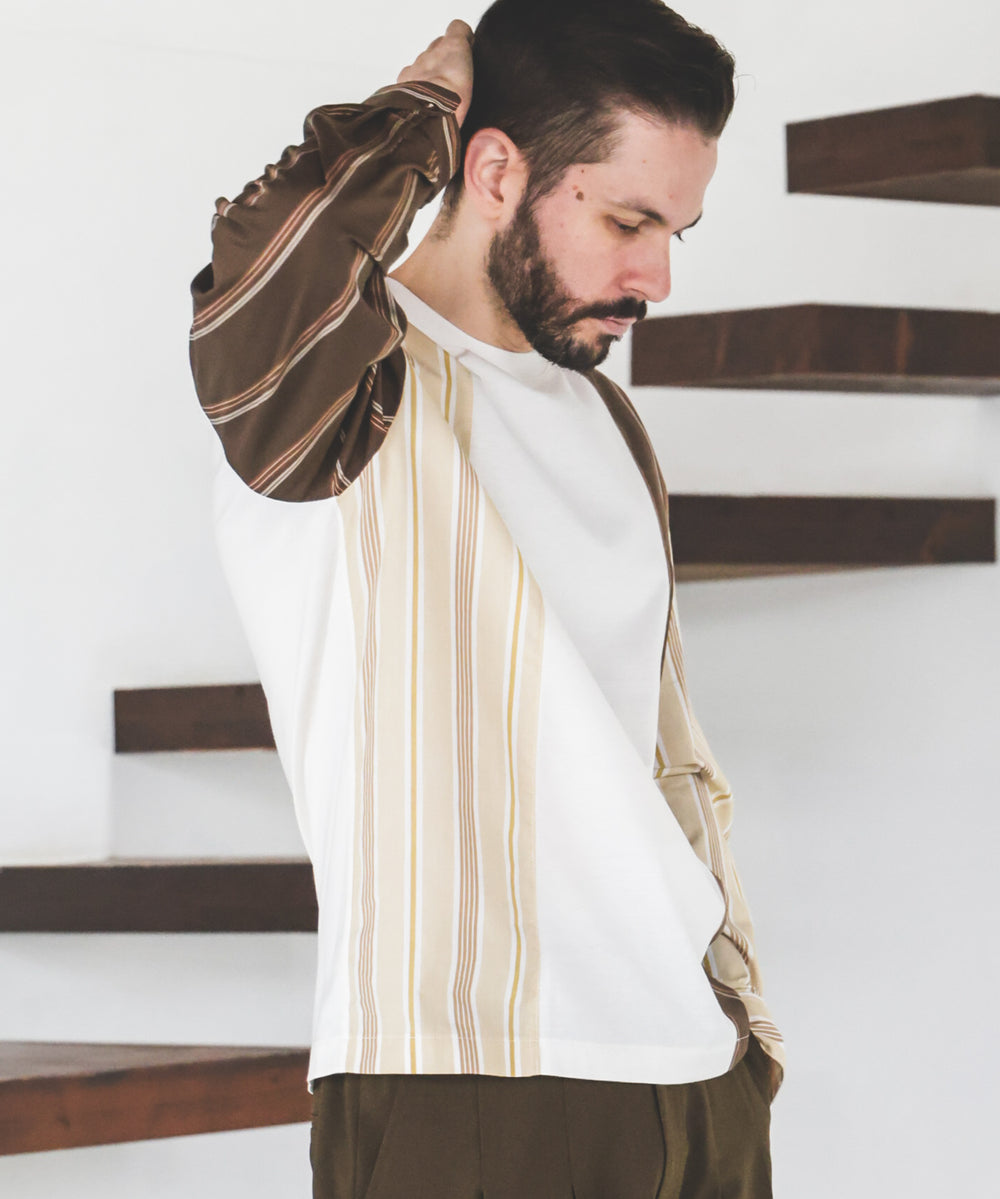 MIX MATERIAL / MULTI STRIPE HYBRID SHIRT