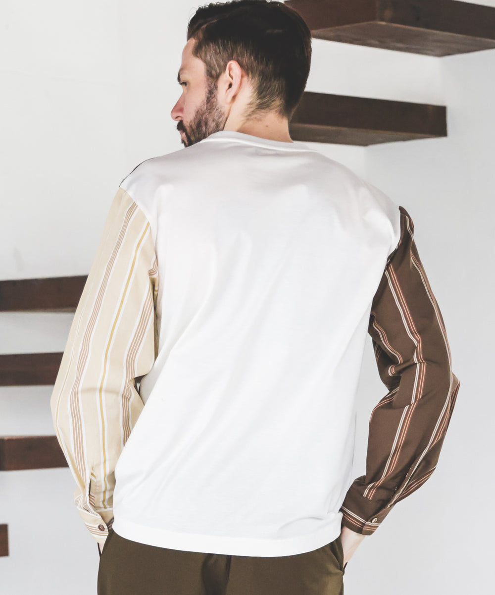 MIX MATERIAL / MULTI STRIPE HYBRID SHIRT