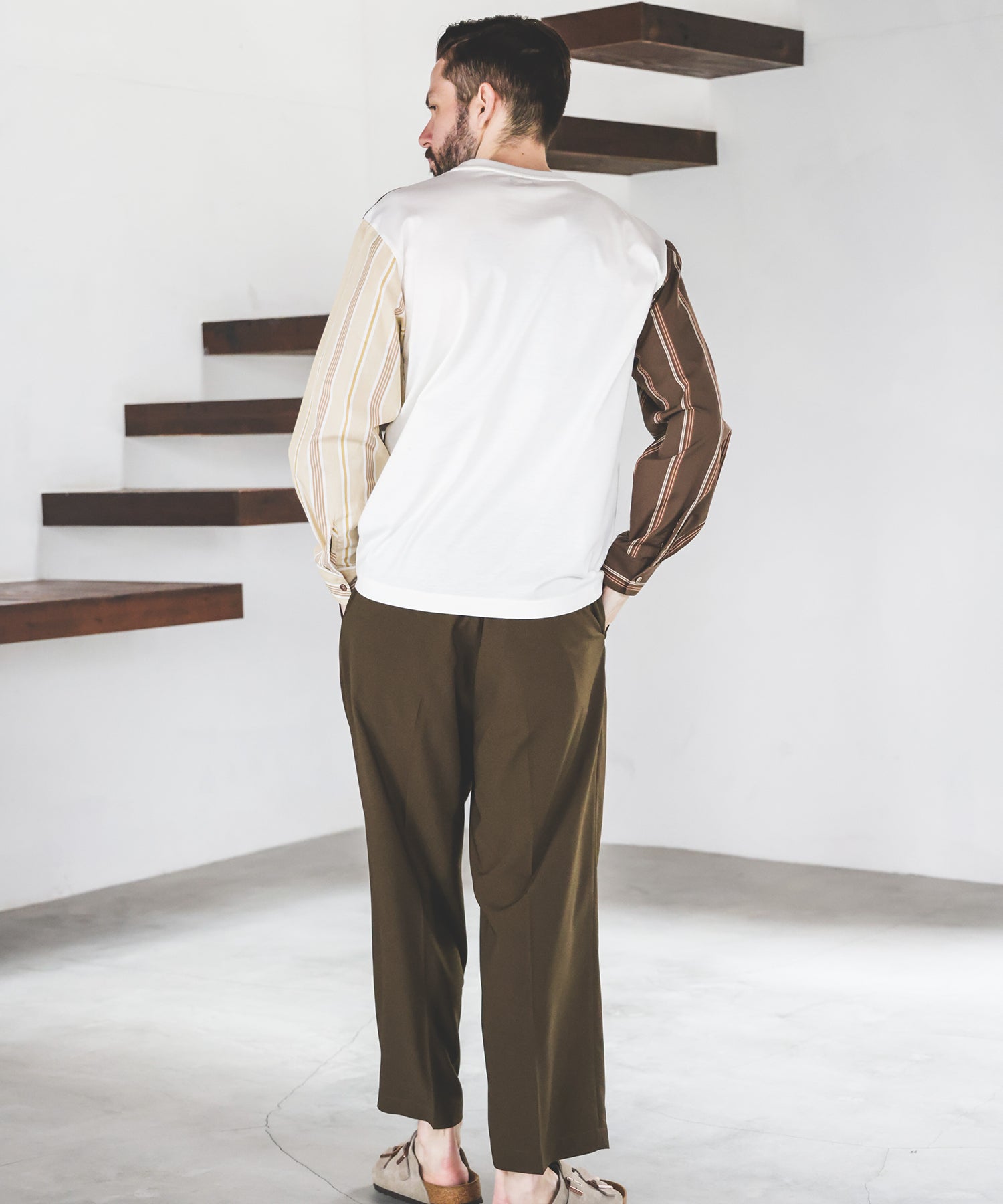 MIX MATERIAL / MULTI STRIPE HYBRID SHIRT