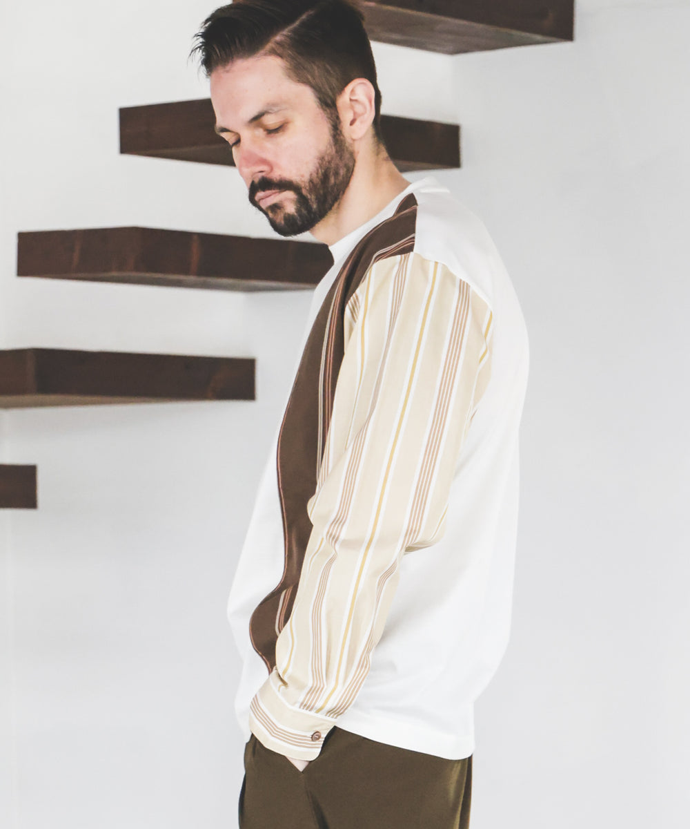MIX MATERIAL / MULTI STRIPE HYBRID SHIRT