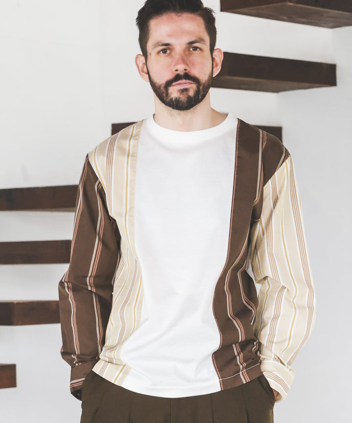 MIX MATERIAL / MULTI STRIPE HYBRID SHIRT