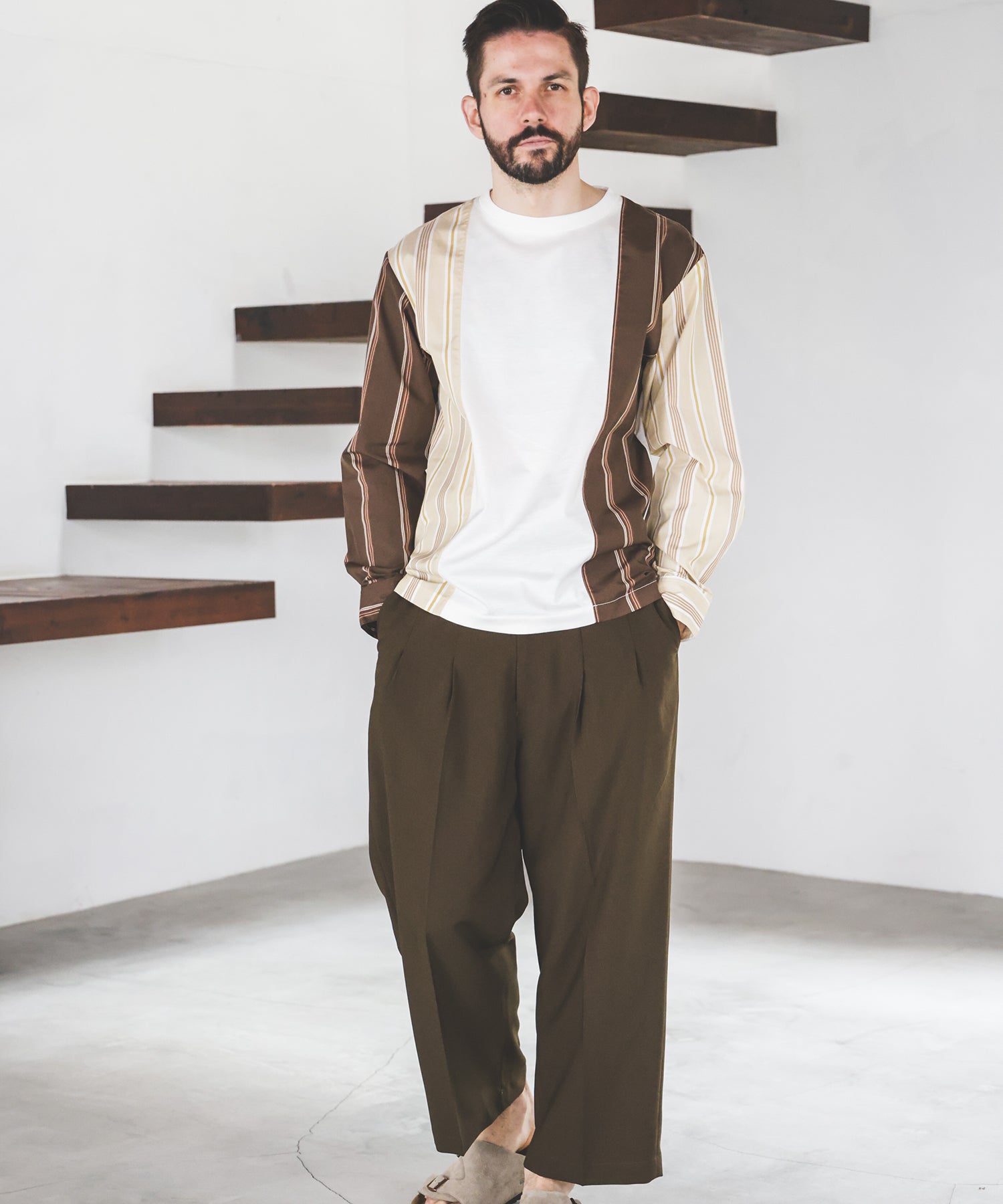 MIX MATERIAL / MULTI STRIPE HYBRID SHIRT