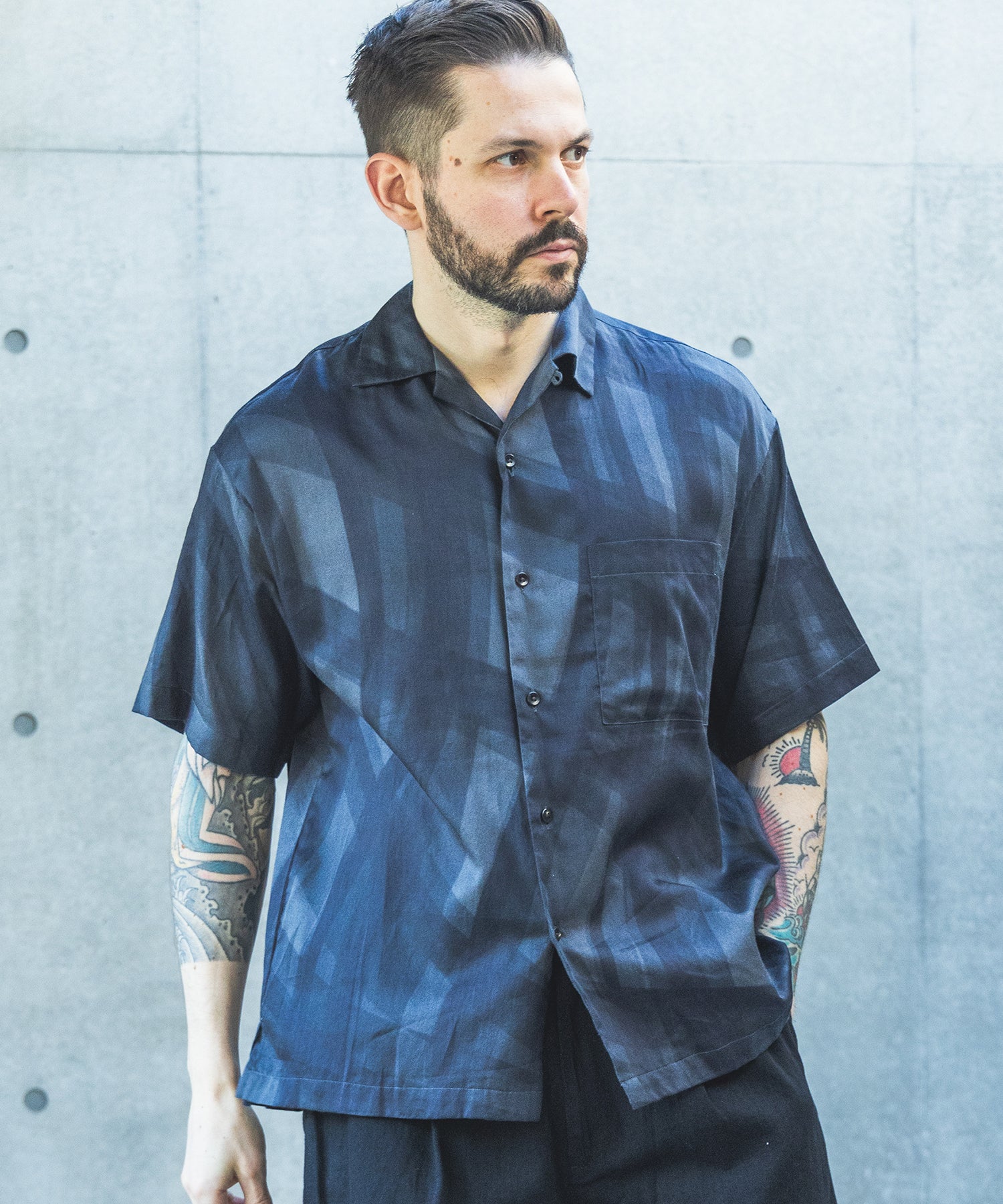 ABSTRACT CHECK / SHORT/S OPEN COLLAR SHIRT/ M261130 – MR.OLIVE