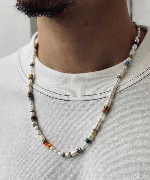 African beads x pearl long necklace